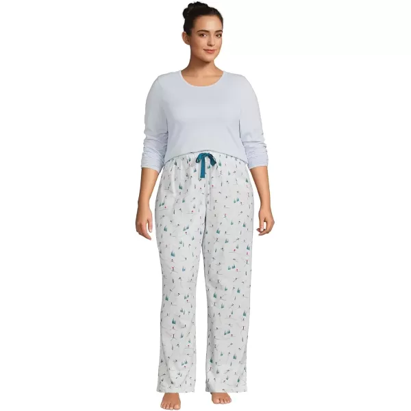 imageLands End Womens Pajama Set Knit Long Sleeve TShirt and Flannel PantsIvory Snow Skiers