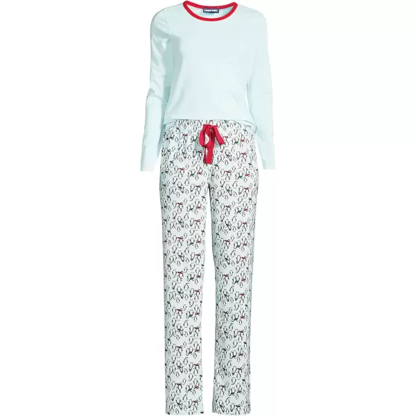 imageLands End Womens Pajama Set Knit Long Sleeve TShirt and Flannel PantsLight Blue Frosty Penguins