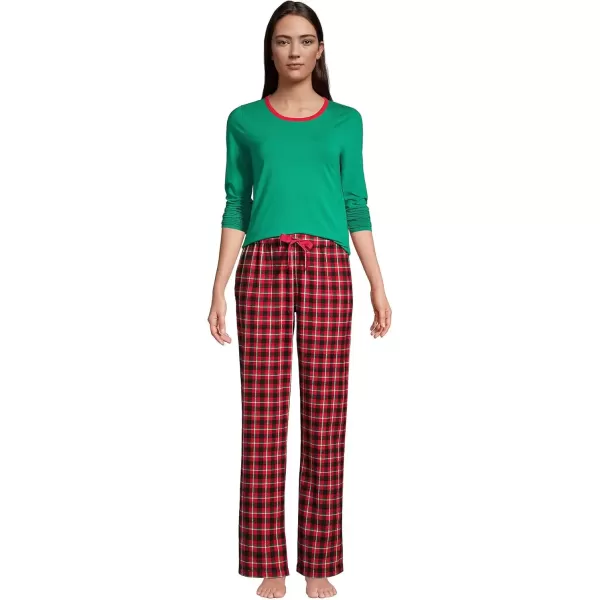 imageLands End Womens Pajama Set Knit Long Sleeve TShirt and Flannel PantsRich Red Field Check