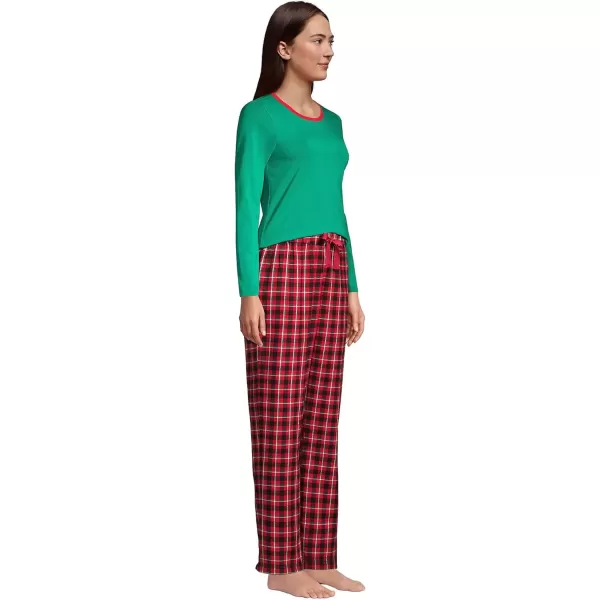 imageLands End Womens Pajama Set Knit Long Sleeve TShirt and Flannel PantsRich Red Field Check