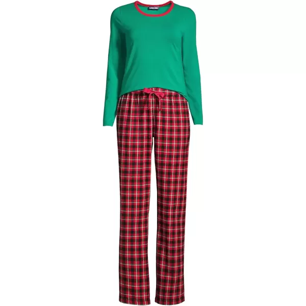 imageLands End Womens Pajama Set Knit Long Sleeve TShirt and Flannel PantsRich Red Field Check