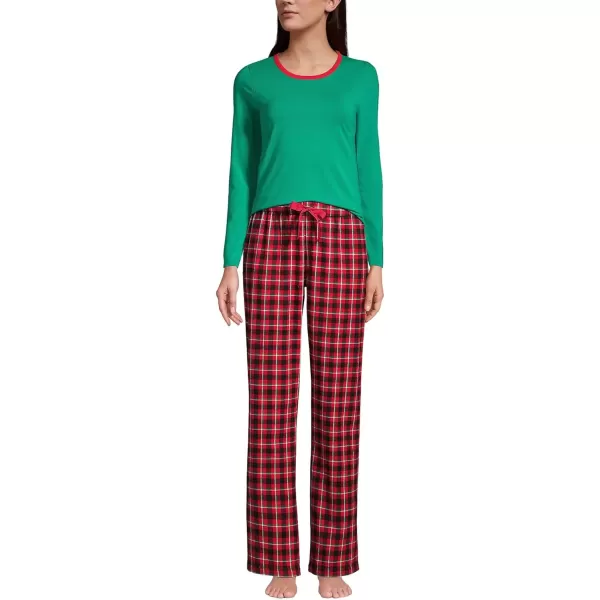 imageLands End Womens Pajama Set Knit Long Sleeve TShirt and Flannel PantsRich Red Field Check