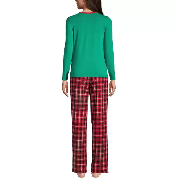 imageLands End Womens Pajama Set Knit Long Sleeve TShirt and Flannel PantsRich Red Field Check