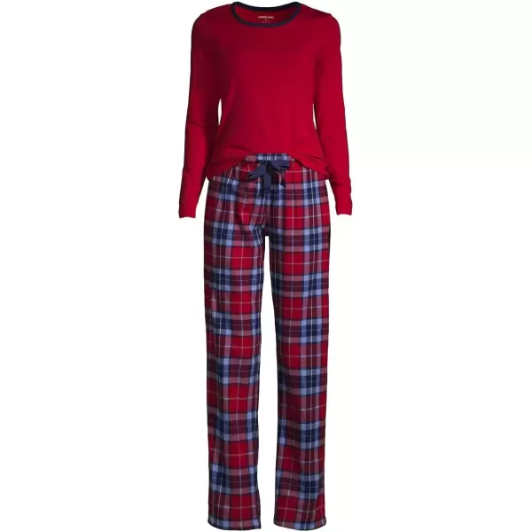 imageLands End Womens Pajama Set Knit Long Sleeve TShirt and Flannel PantsRich Red Multi Plaid