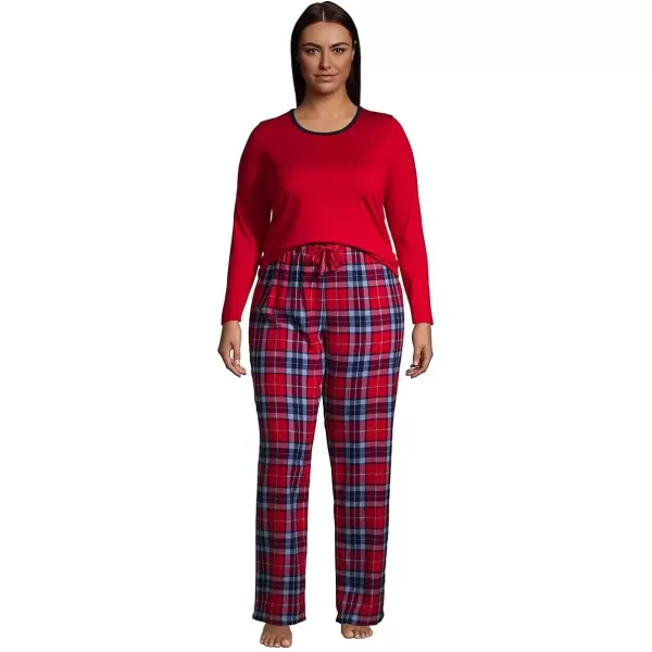 imageLands End Womens Pajama Set Knit Long Sleeve TShirt and Flannel PantsRich Red Multi Plaid