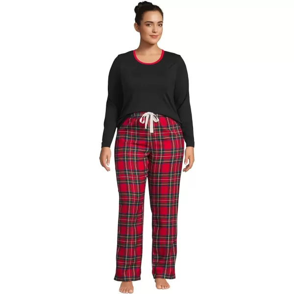 imageLands End Womens Pajama Set Knit Long Sleeve TShirt and Flannel PantsRich Red Multi Tartan