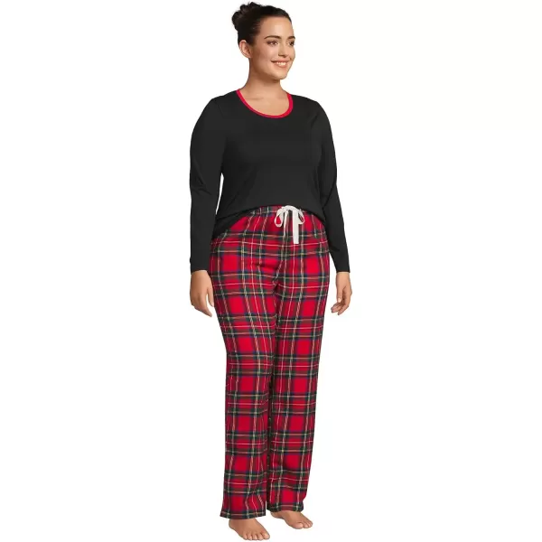 imageLands End Womens Pajama Set Knit Long Sleeve TShirt and Flannel PantsRich Red Multi Tartan