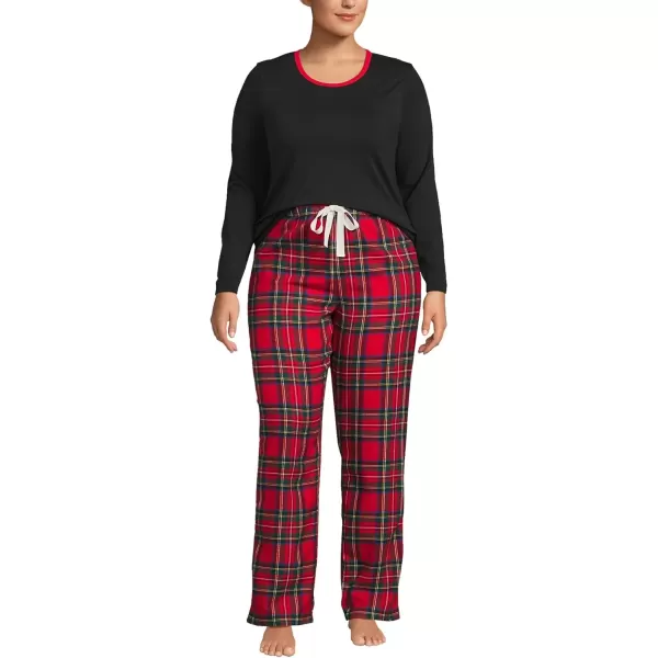 imageLands End Womens Pajama Set Knit Long Sleeve TShirt and Flannel PantsRich Red Multi Tartan