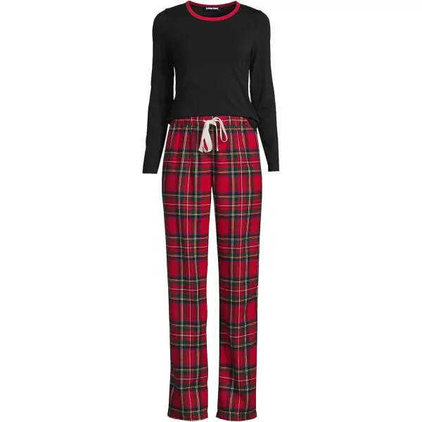 imageLands End Womens Pajama Set Knit Long Sleeve TShirt and Flannel PantsRich Red Multi Tartan