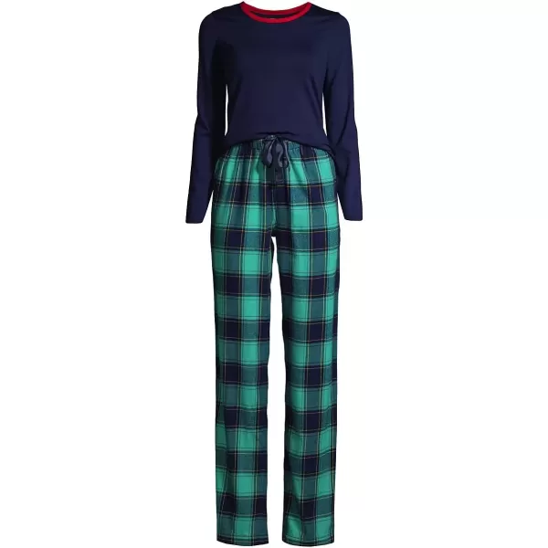 imageLands End Womens Pajama Set Knit Long Sleeve TShirt and Flannel PantsSeafoam Teal Plaid