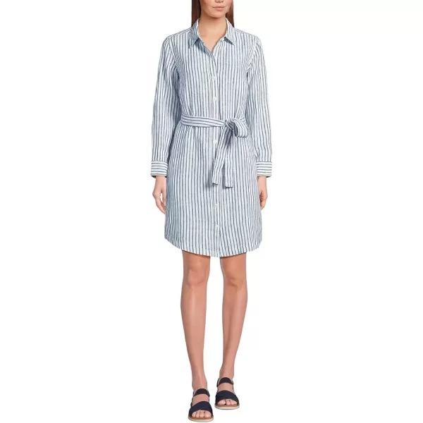 imageLands End Womens Linen Long Sleeve Button Front Shirt DressEvening Blue Stripe