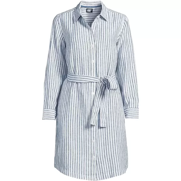 imageLands End Womens Linen Long Sleeve Button Front Shirt DressEvening Blue Stripe