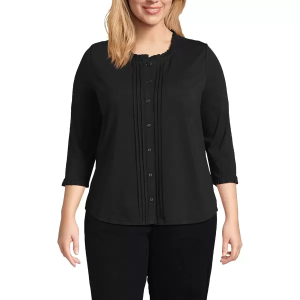 imageLands End Womens 34 Sleeve Light Weight Jersey Ruffle Neck Pintuck TopBlack