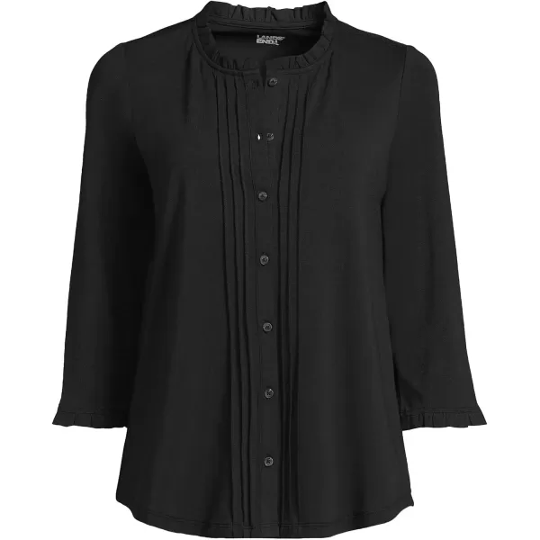 imageLands End Womens 34 Sleeve Light Weight Jersey Ruffle Neck Pintuck TopBlack