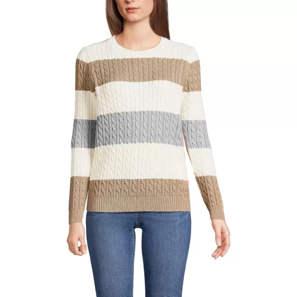 imageLands End Womens Cotton Drifter Crew Cable Pullover SweaterFresh PecanGray Wide Stripe