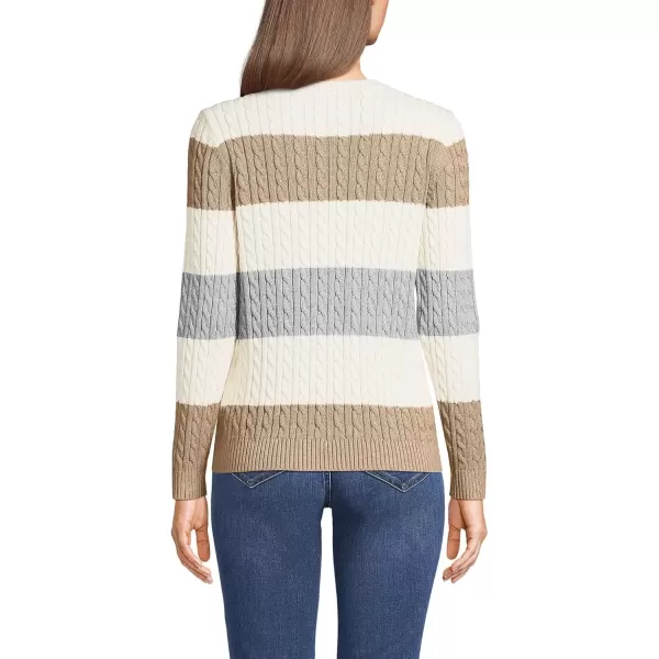 imageLands End Womens Cotton Drifter Crew Cable Pullover SweaterFresh PecanGray Wide Stripe