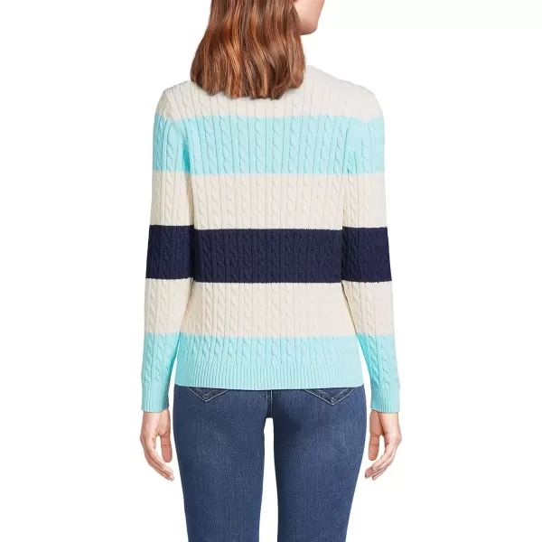 imageLands End Womens Cotton Drifter Crew Cable Pullover SweaterPale Aqua Ice Even Stripe