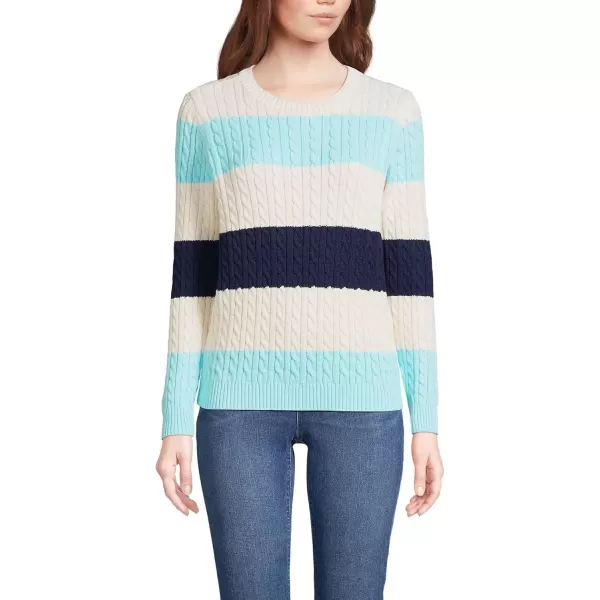 imageLands End Womens Cotton Drifter Crew Cable Pullover SweaterPale Aqua Ice Even Stripe