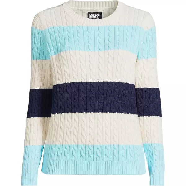 imageLands End Womens Cotton Drifter Crew Cable Pullover SweaterPale Aqua Ice Even Stripe