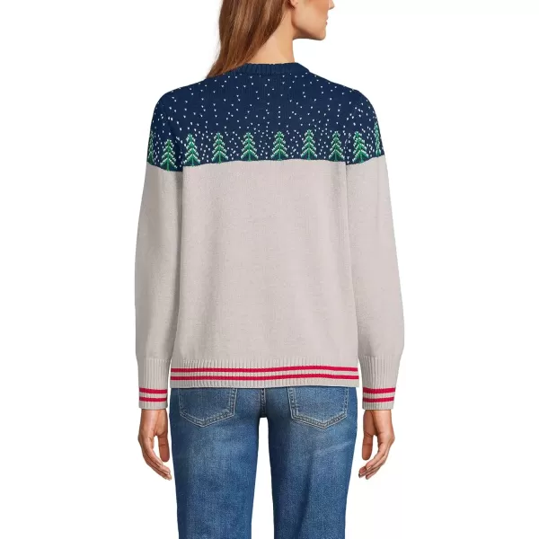 imageLands End Womens Cotton Drifter Crew Neck Sweater  EmbroideredDeep Sea NavyGreen Trees