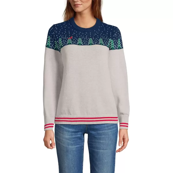 imageLands End Womens Cotton Drifter Crew Neck Sweater  EmbroideredDeep Sea NavyGreen Trees