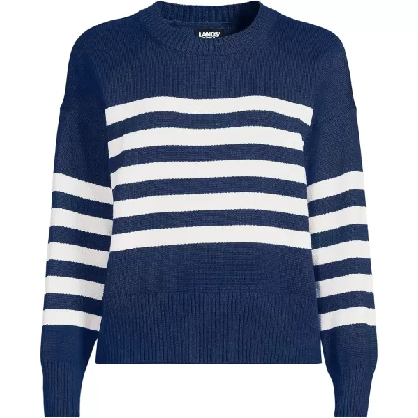 imageLands End Womens Drifter Cotton Easy Fit Crew Neck SweaterDeep Sea Navy Placed Stripe