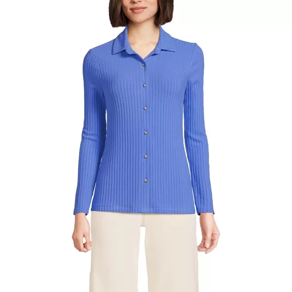 imageLands End Womens Long Sleeve Wide Rib Button Front PoloChicory Blue