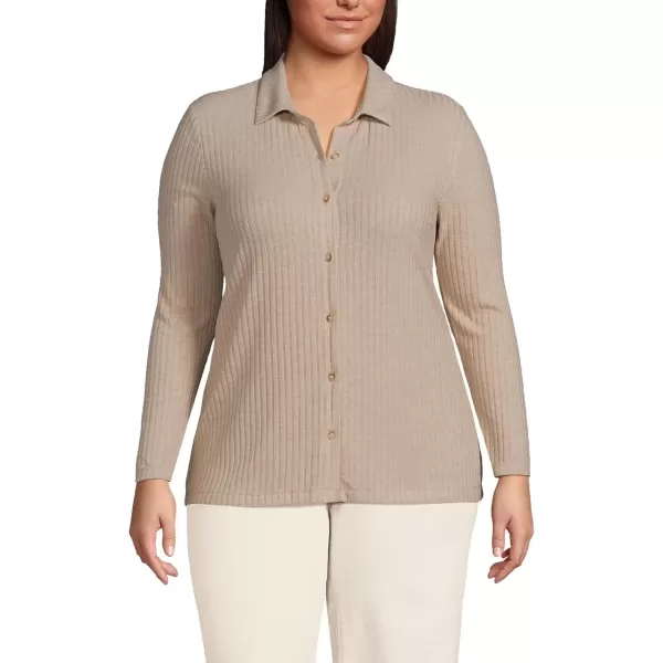 imageLands End Womens Long Sleeve Wide Rib Button Front PoloSoft Tan Heather