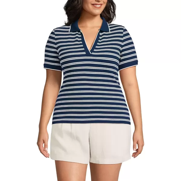 imageLands End Womens Short Sleeve Wide Rib PoloDeep Sea Navy Dual Stripe