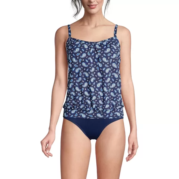 imageLands End Womens Blouson Tummy Hiding Tankini Top Swimsuit Adjustable StrapsDeep Sea Navy Paisley