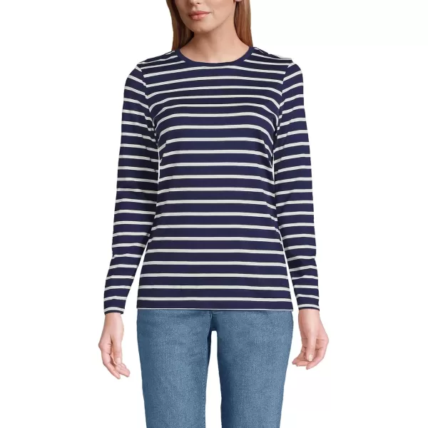 imageLands End Womens Relaxed Supima Cotton Long Sleeve Crew Neck TShirtDeep Sea Navy Breton Stripe