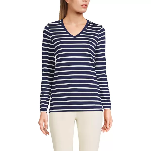 imageLands End Womens Relaxed Supima Cotton Long Sleeve VNeck TShirtDeep Sea Navy Breton Stripe