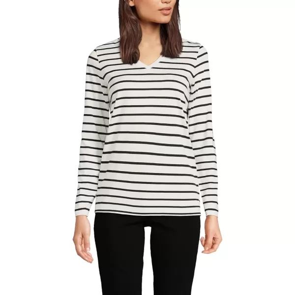 imageLands End Womens Relaxed Supima Cotton Long Sleeve VNeck TShirtIvoryBlack Breton Stripe