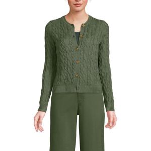 imageLands End Womens Cotton Drifter Cable Cardigan SweaterEstate Green