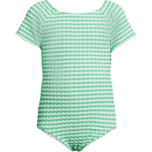 imageLands End Girls Cap Sleeve Portrait One Piece SwimsuitWintergreenWhite Gingham