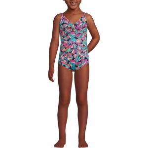 imageLands End Girls Chlorine Resistant Twist Front One Piece Swimsuit UPF Dress Coverup SetDeep Sea Navy Fun Shells