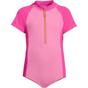 imageLands End Girls Long Sleeve Half Zip One Piece UPF 50 SwimsuitKnockout PinkHighlighter Pink