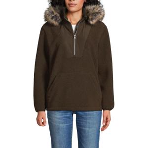 imageLands End Womens Hooded Half Zip Faux Fur Sherpa Fleece PulloverDeep Chocolate