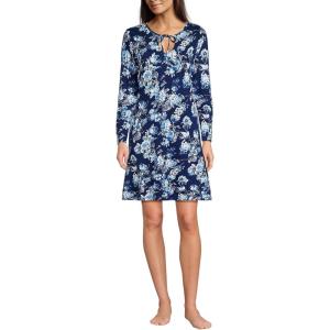 imageLands End Womens Cotton Interlock Long Sleeve Above the Knee NightgownDeep Sea Navy Linework Floral