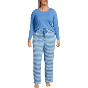 imageLands End Womens Knit Pajama Set Long Sleeve TShirt and PantsClear BlueWhite Stripes