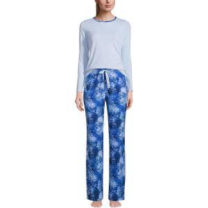 imageLands End Womens Knit Pajama Set Long Sleeve TShirt and PantsDeep Sea Navy Tie Dye Palm