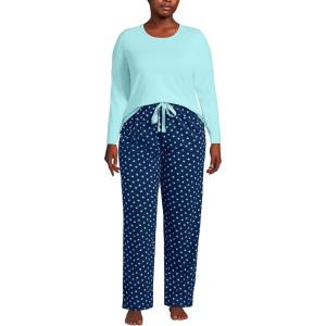 imageLands End Womens Knit Pajama Set Long Sleeve TShirt and PantsDeep Sea Navy Tiny Flowers