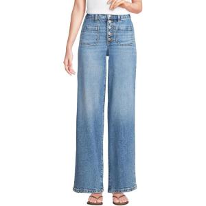 imageLands End Womens Denim High Rise Button Front Patch Pocket Wide Leg JeansBeau Blue