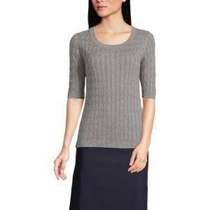 imageLands End Womens Cotton Modal Half Sleeve Scoop Cable Pullover SweaterPewter Heather