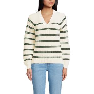 imageLands End Womens Drifter Balloon Sleeve SweaterFresh IvoryEvergreen Stripe