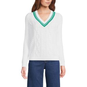 imageLands End Womens Drifter Cable VNeck SweaterWhiteGlade Green