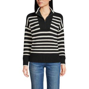 imageLands End Womens Drifter Cotton Quarter Zip Pullover SweaterBlackFresh Ivory Stripe