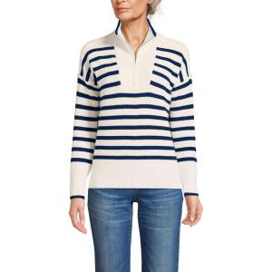 imageLands End Womens Drifter Cotton Quarter Zip Pullover SweaterIvoryNavy Stripe