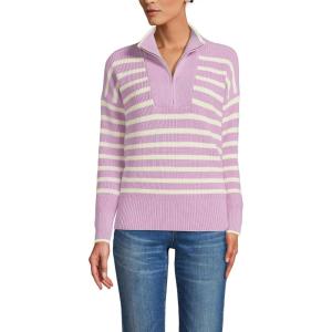 imageLands End Womens Drifter Cotton Quarter Zip Pullover SweaterPink Amethyst Stripe