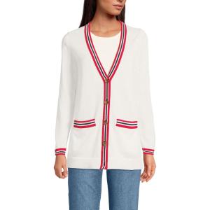 imageLands End Womens Fine Gauge Cotton Cardigan with Tipping SweaterRedNavy Tipping Stripe